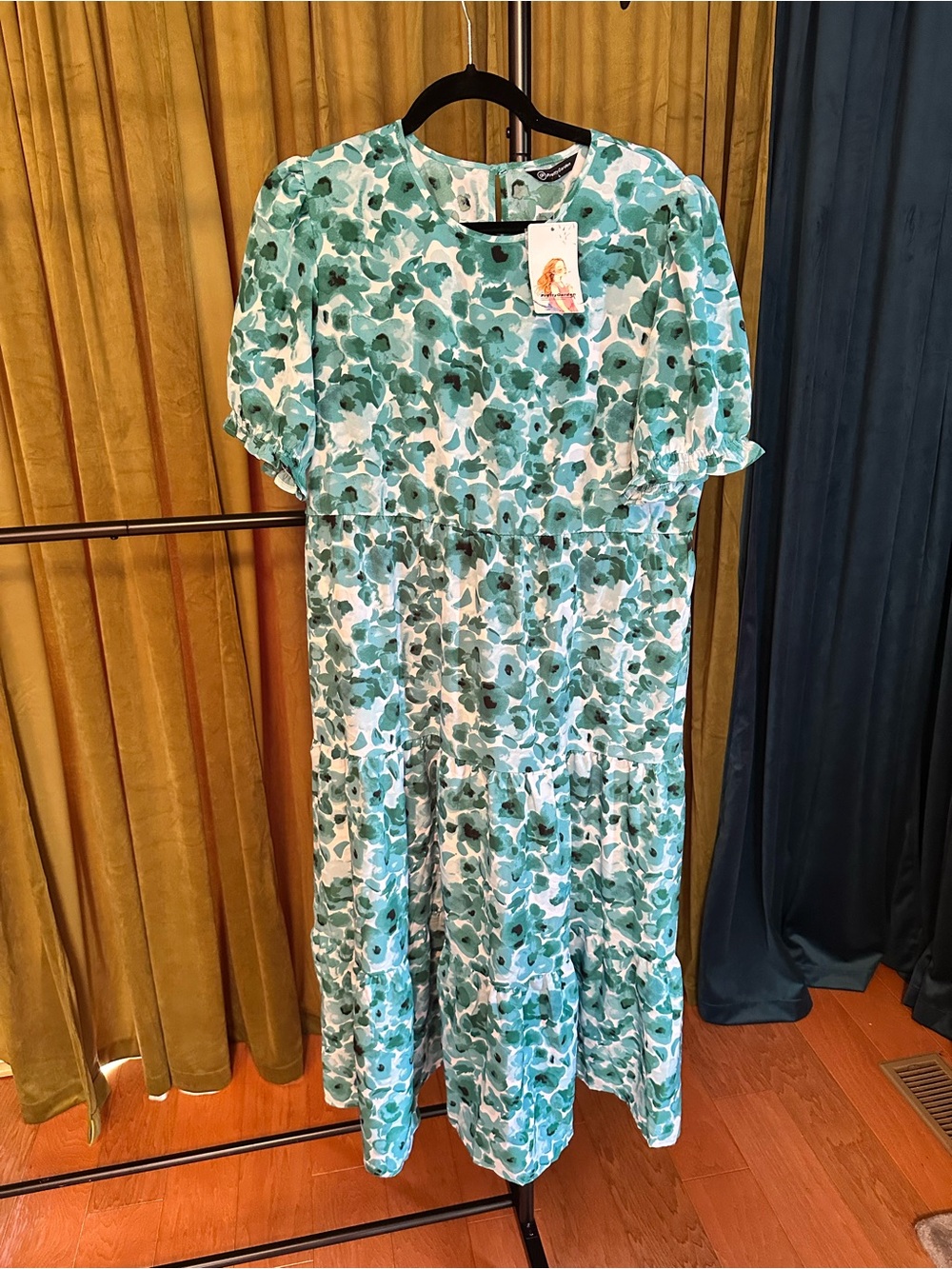 NWT PrettyGarden Floral Midi Dress Puffed Sleeve Tiered Size Large